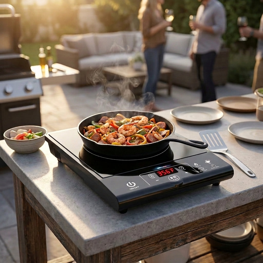 Mueller Induction cooktop on an outdoor countertop on a patio next to a bbq. Prawn dish in a cast iron pan on the induction cooktop