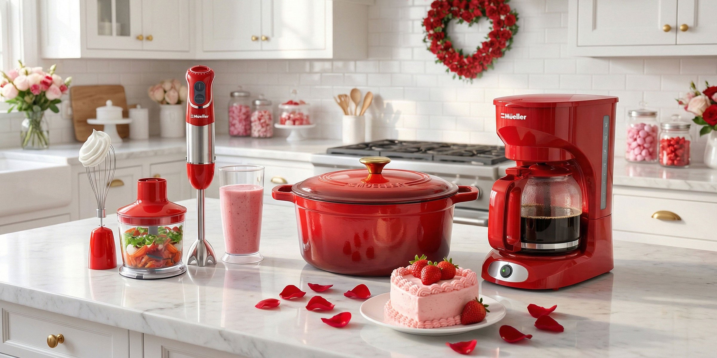 red immersion hand blender, red dutch oven with gold knob, and red coffee maker