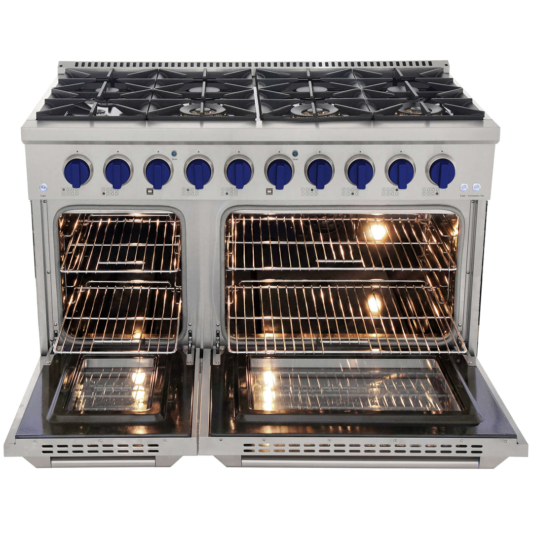 Stainless steel range with open doors on a white background, black interior double oven