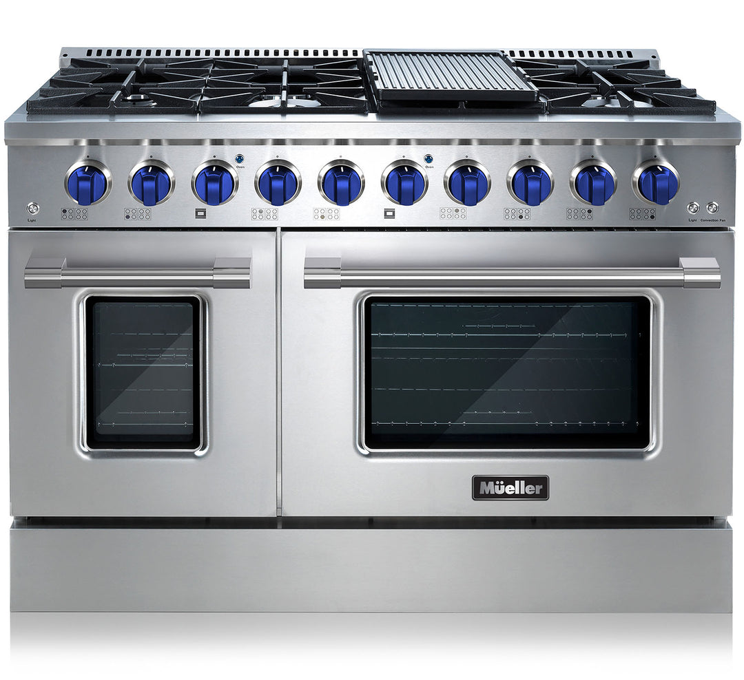 Mueller 48 inch gas range in stainless steel with vibrant blue control knobs and a griddle and Mueller badge on front of oven door