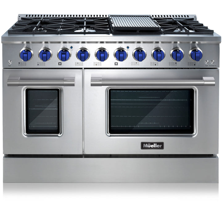 Mueller 48 inch gas range in stainless steel with vibrant blue control knobs and a griddle and Mueller badge on front of oven door