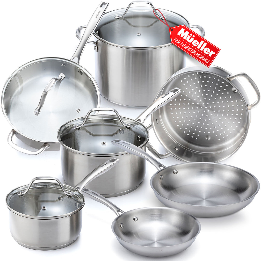 Set of stainless steel cookware with lids on a white background, featuring the Mueller brand.