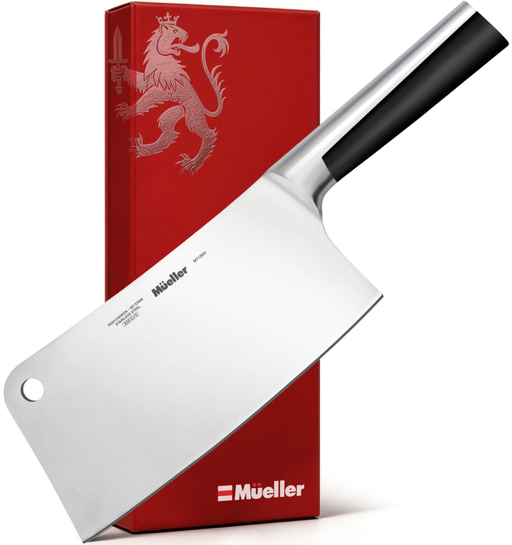 A Mueller cleaver kitchen knife with a silver stainless steel blade and black handle, shown in front of its red branded packaging box.