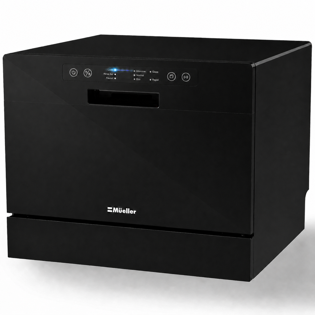 Black compact dishwasher with digital display on a white background