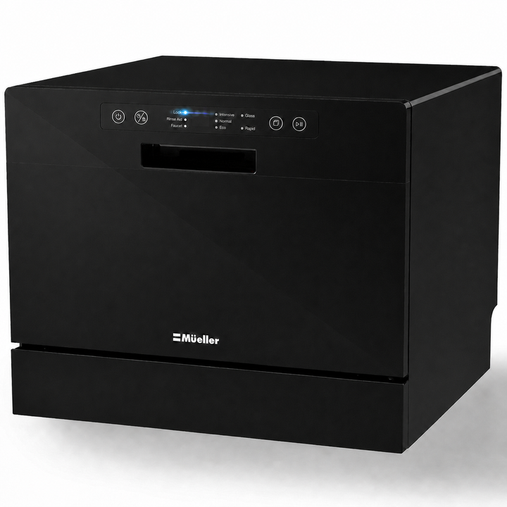 Black compact dishwasher with digital display on a white background