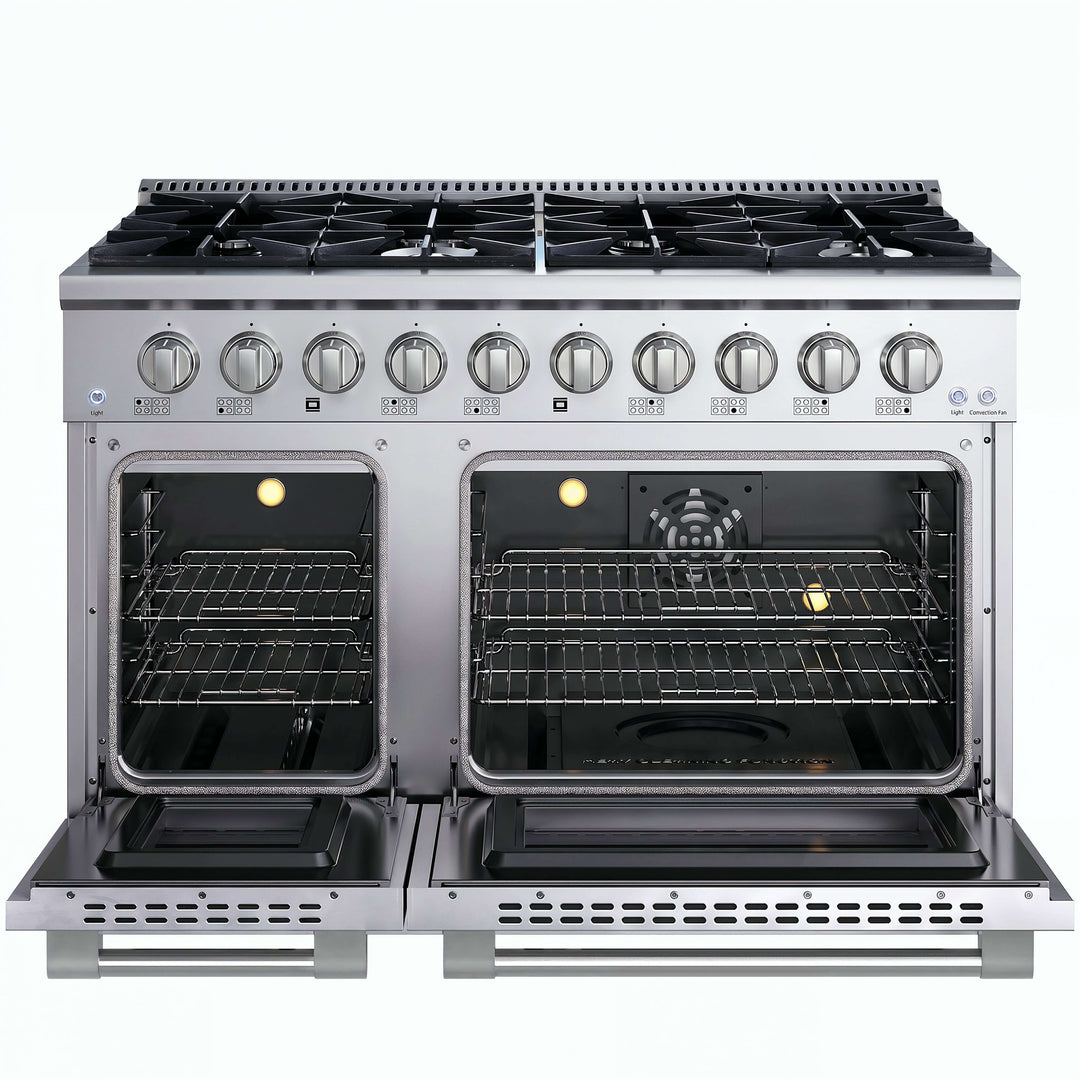 Stainless steel kitchen range with gas cooktop and ovens on a white background with oven doors open and a black interior