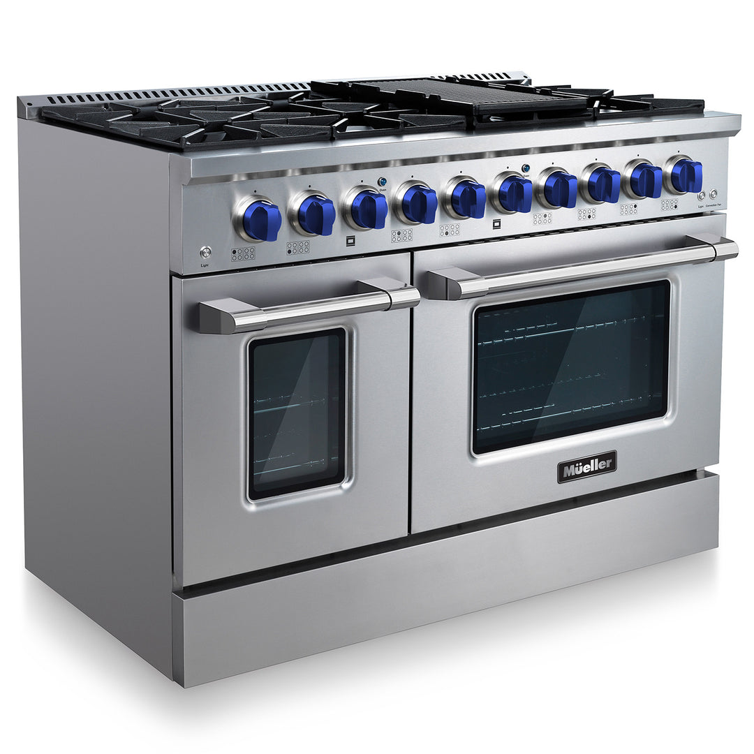 Mueller stainless steel gas range side angle showing the side panel. Bright bue knobs, double ovens