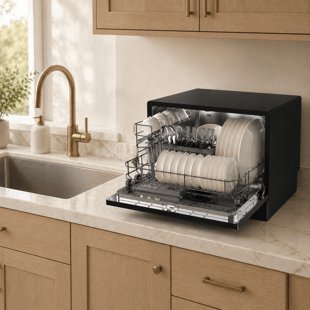 Black countertop dishwasher with open dishwasher door with tray pulled out with clean white dishes inside, glassware and flatware. The dishwasher sits on a kitchen countertop next to a sink with facuet. Modern kitchen design with light wooden cabinets. 