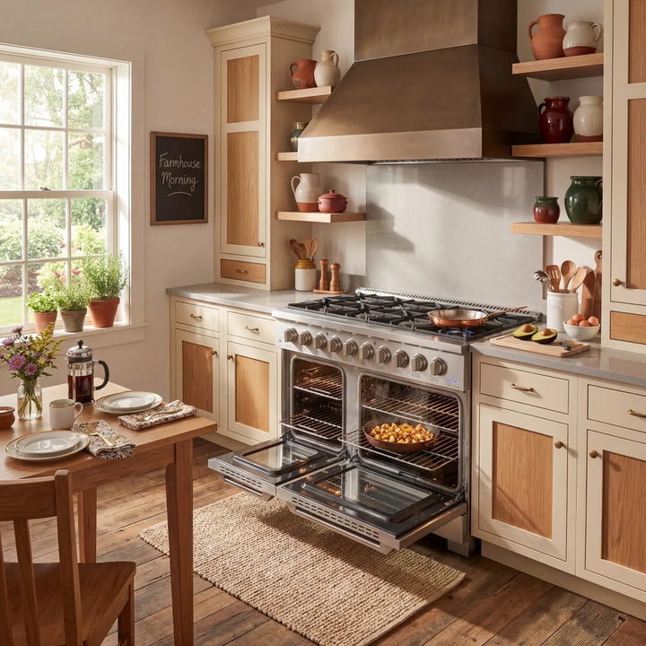 Modern kitchen with wooden cabinets, stainless steel 48 inch gas range with oven doors open and black interior and a window view.