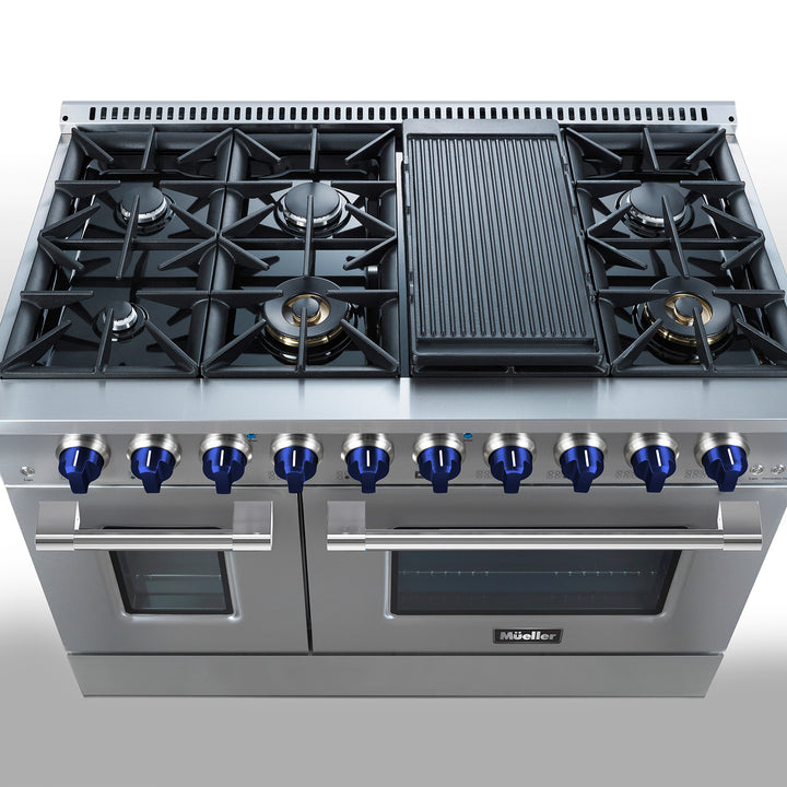 Mueller kitchen gas range top view of the stainless steel cooker with black cooktop and griddle
