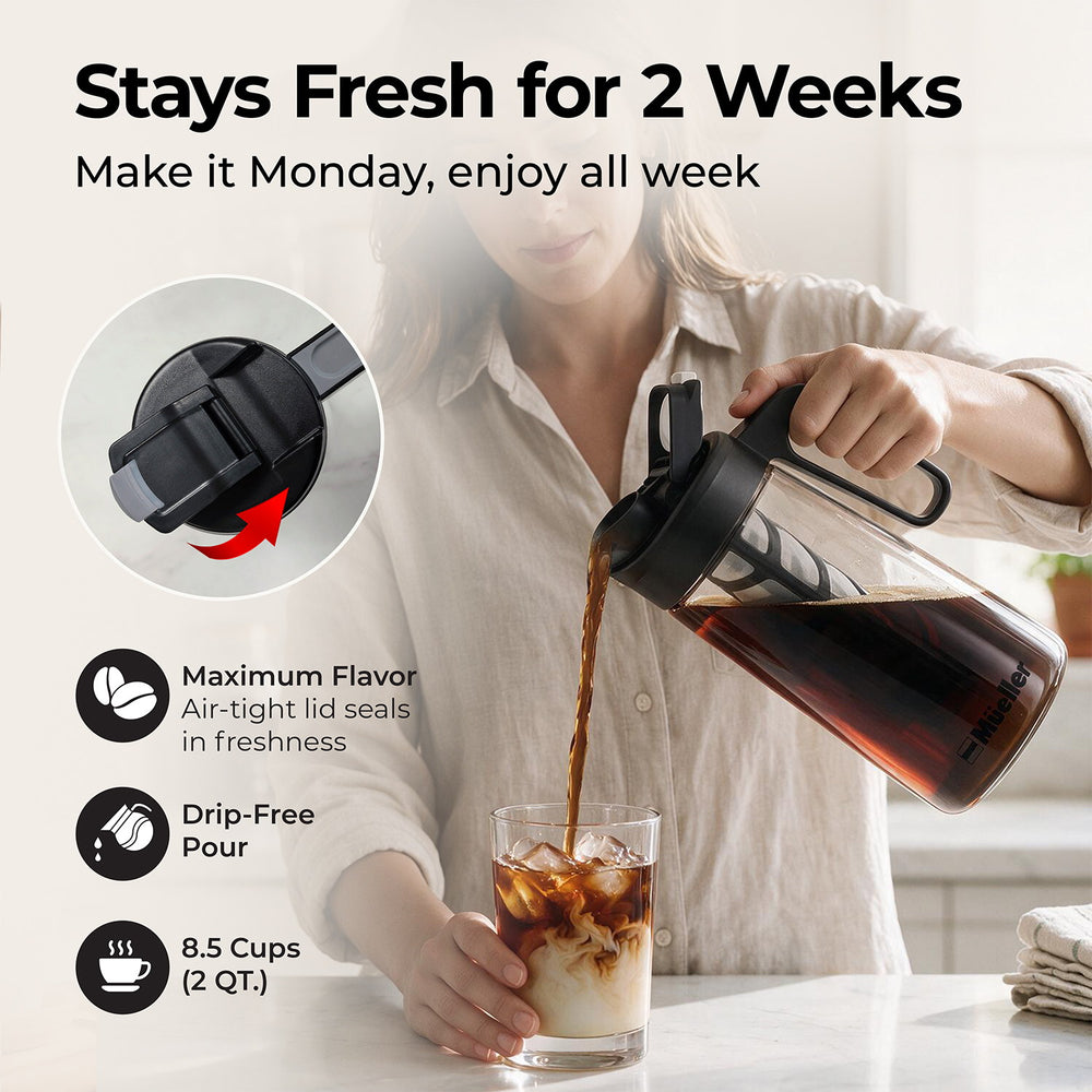 A person pouring freshly brewed iced coffee into a glass, from a Mueller cold brew coffee maker.