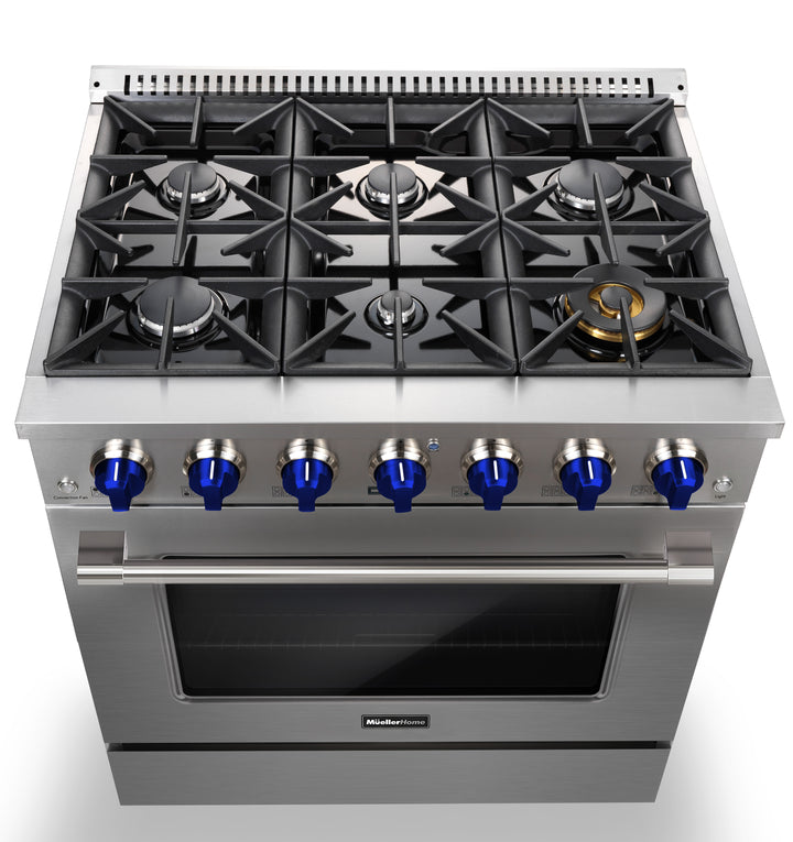 Mueller Home Gas Range blue knobs 36 inch