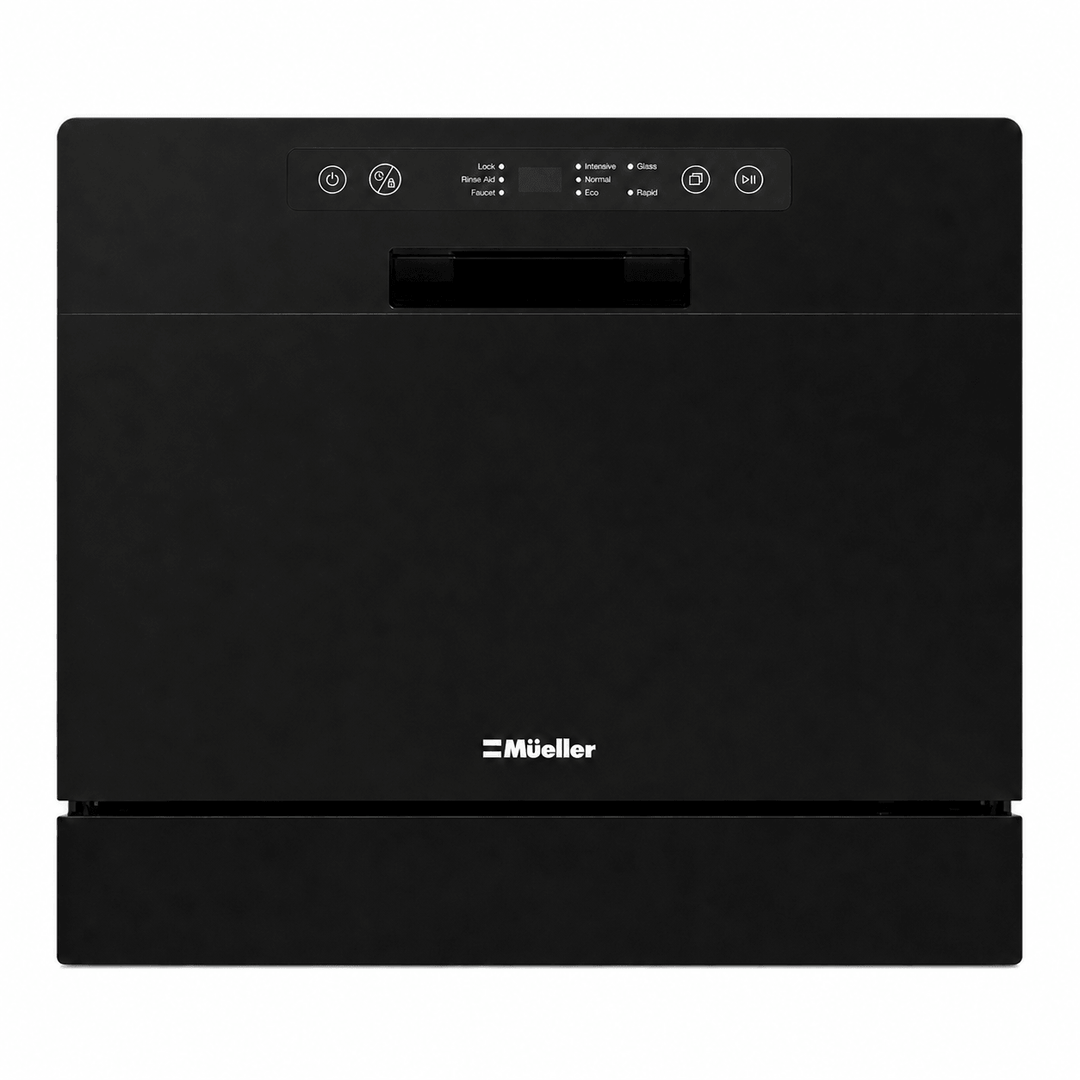 Front door panel of compact countertop dishwasher in black with Mueller logo on the front in white. 