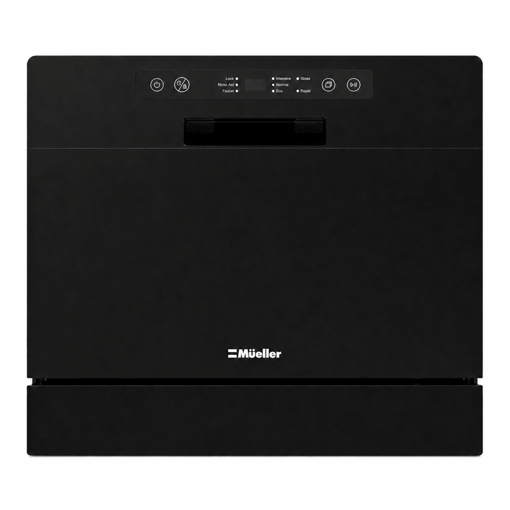 Front door panel of compact countertop dishwasher in black with Mueller logo on the front in white. 