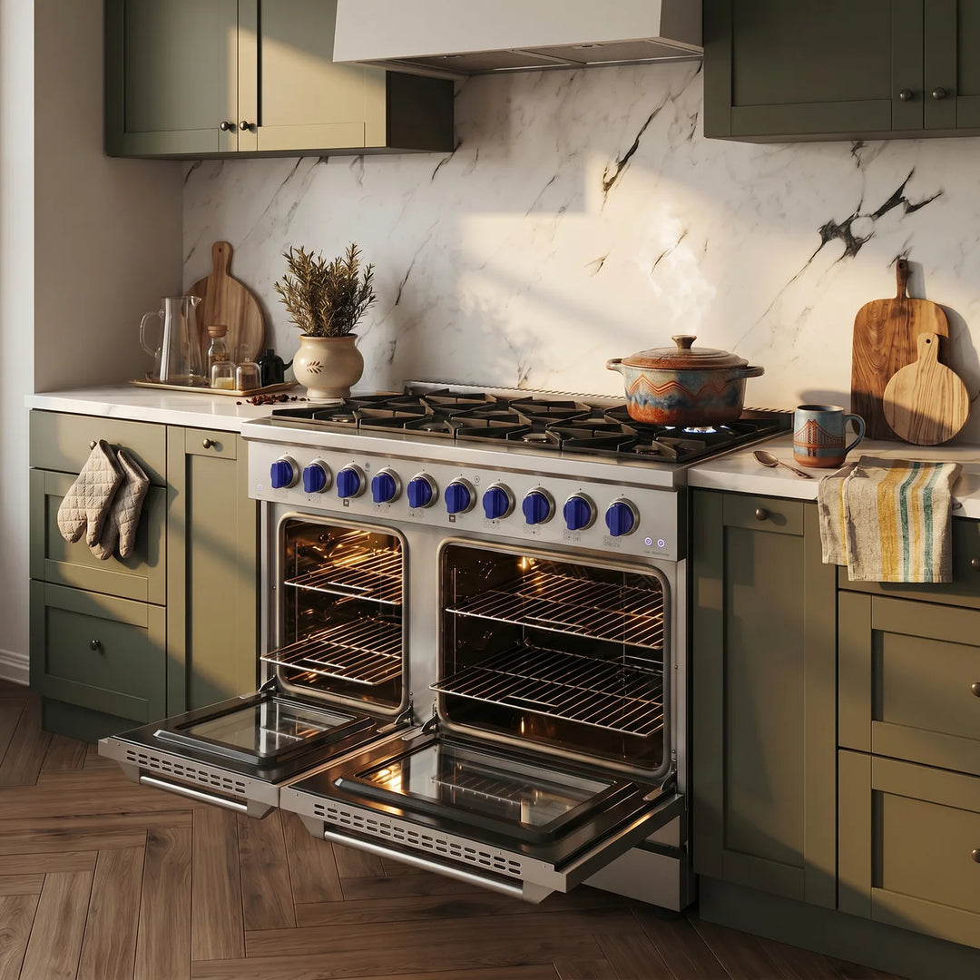 Modern kitchen with a blue knob gas range double large oven and marble backsplash. Oven doors open to reveal lighting and black interior. 