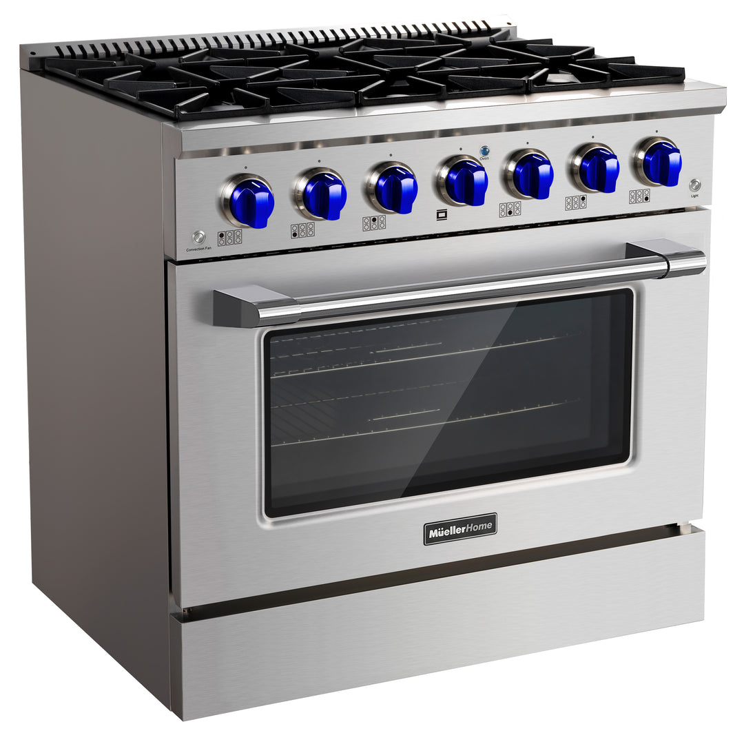Mueller Home Gas Range blue knobs 36 inch side view