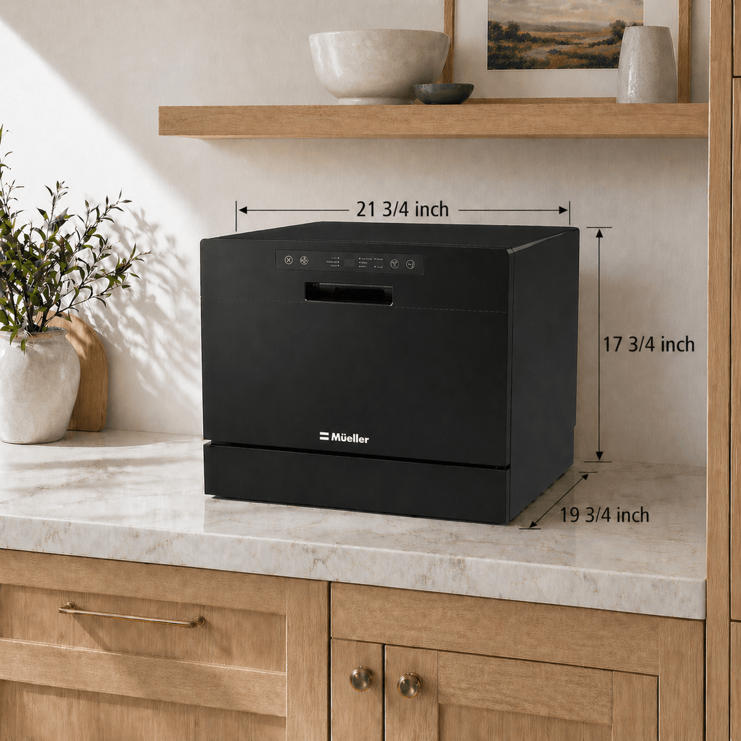 Black small countertop dishwasher with door closed on a kitchen countertop with measurement drawings showing the exact size of the dishwasher. 