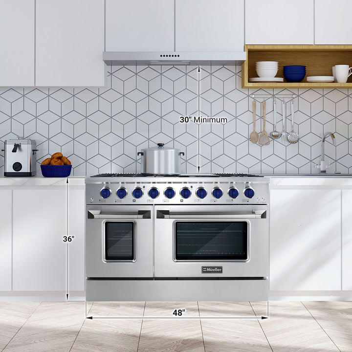 Mueller gas range in a kitchen setting, with dimensions and minimum space for rangehood. 
