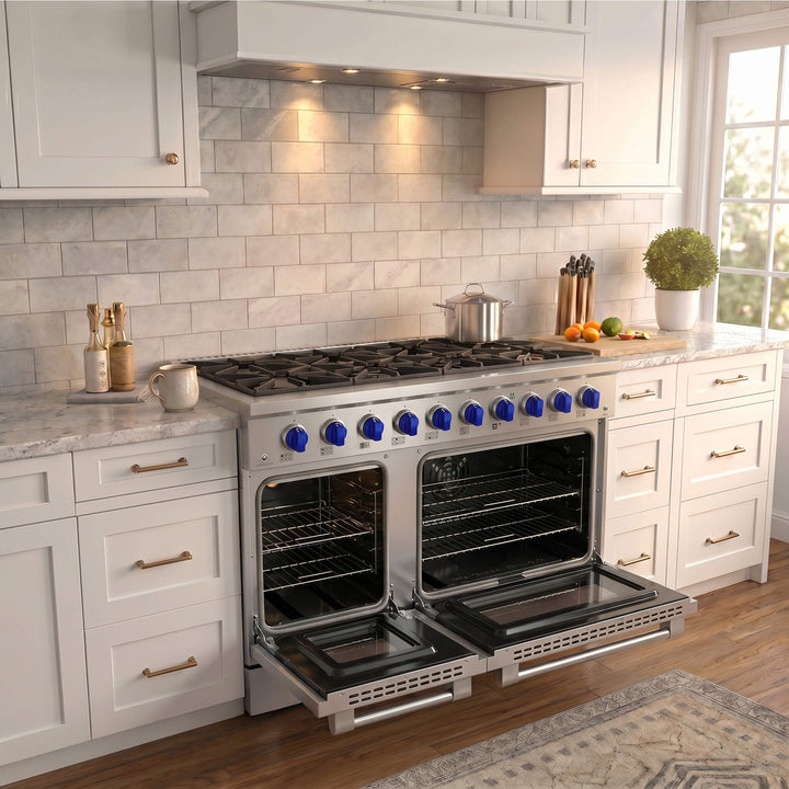 Stainless steel oven with open doors in a modern kitchen setting