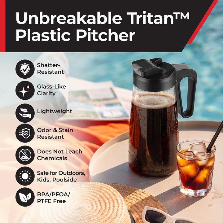 Unbreakable Tritan Mueller pitcher in a poolside lifestyle setting, shown on a tray next to a glass of iced coffee with a straw.