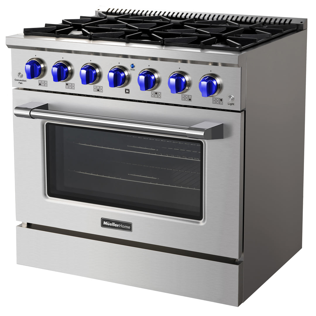 Mueller Home Gas Range blue knobs 36 inch side view