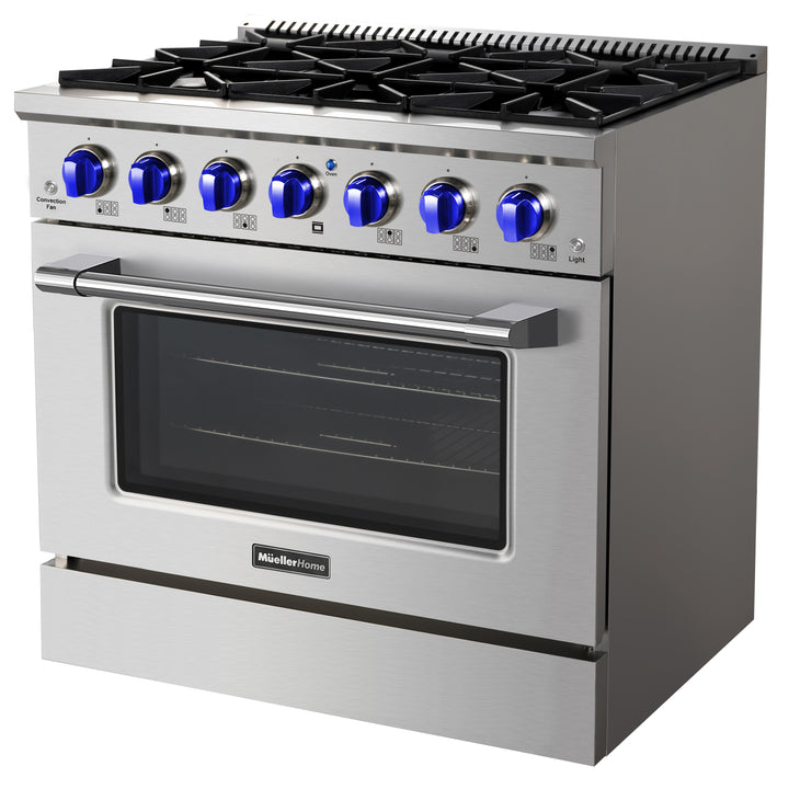 Mueller Home Gas Range blue knobs 36 inch side view