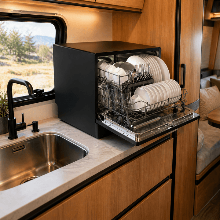 Portable dishwasher with black finish with door open and clean dishes for set of 6, glasses and coffee cups. The black small dishwasher is on a countertop in an RV camper, directly next to the camper's in built sink. 