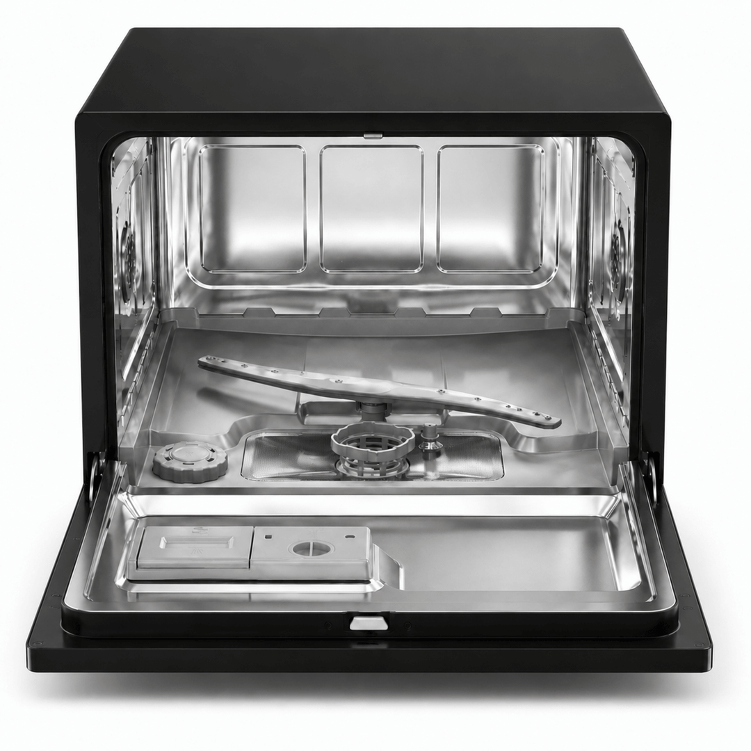 Interior view of small countertop dishwasher with shelf removed to show stainless steel inside, spray arm, filter, salt department and dishwashing cleaner compartment. dishwasher on a white backgrounds.
