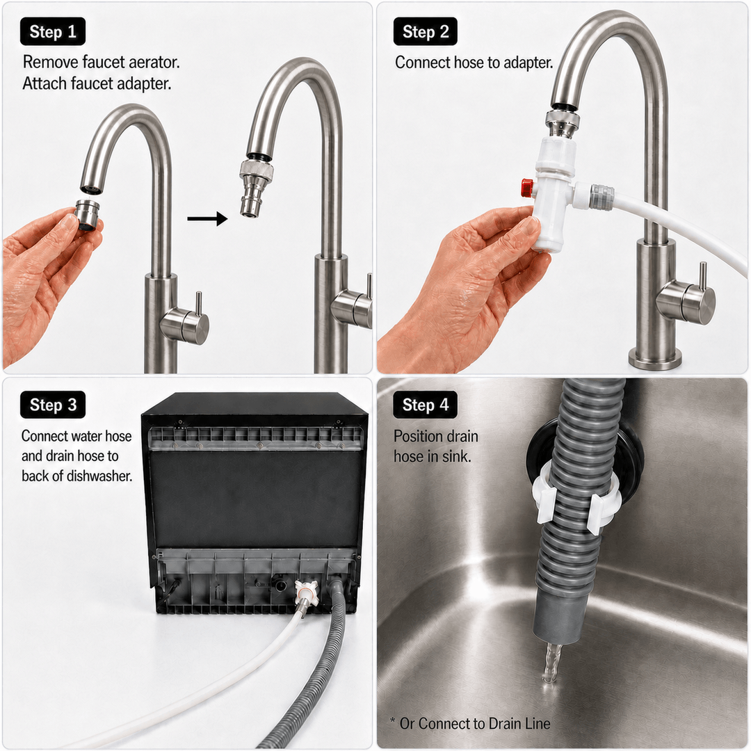 4 step instructions showing how to connect water hose to back of countertop dishwasher and how the drain pipe flows into the sink. 