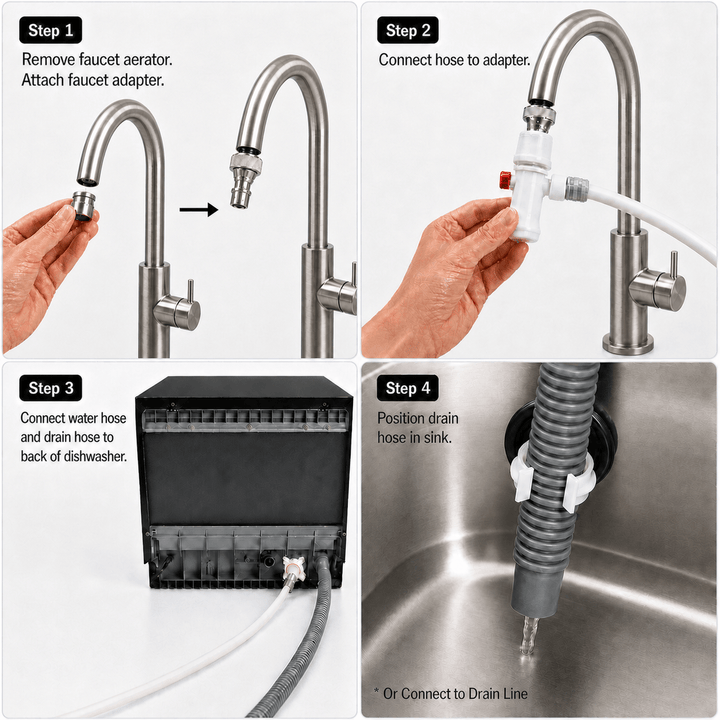 4 step instructions showing how to connect water hose to back of countertop dishwasher and how the drain pipe flows into the sink. 