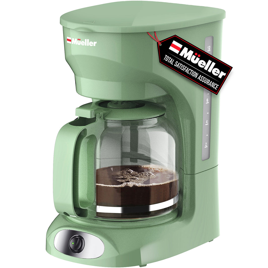 Spearmint green coffee maker with glass carafe on a white background, featuring the Mueller brand. 12 Cups