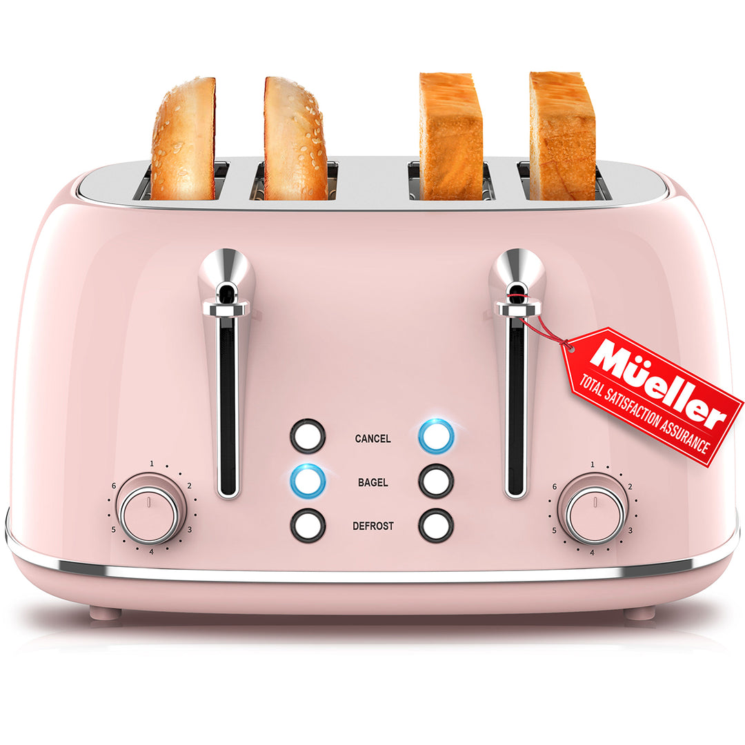 Pink  retro style toaster with four slices of bread and a 'Mueller' tag on a white background
