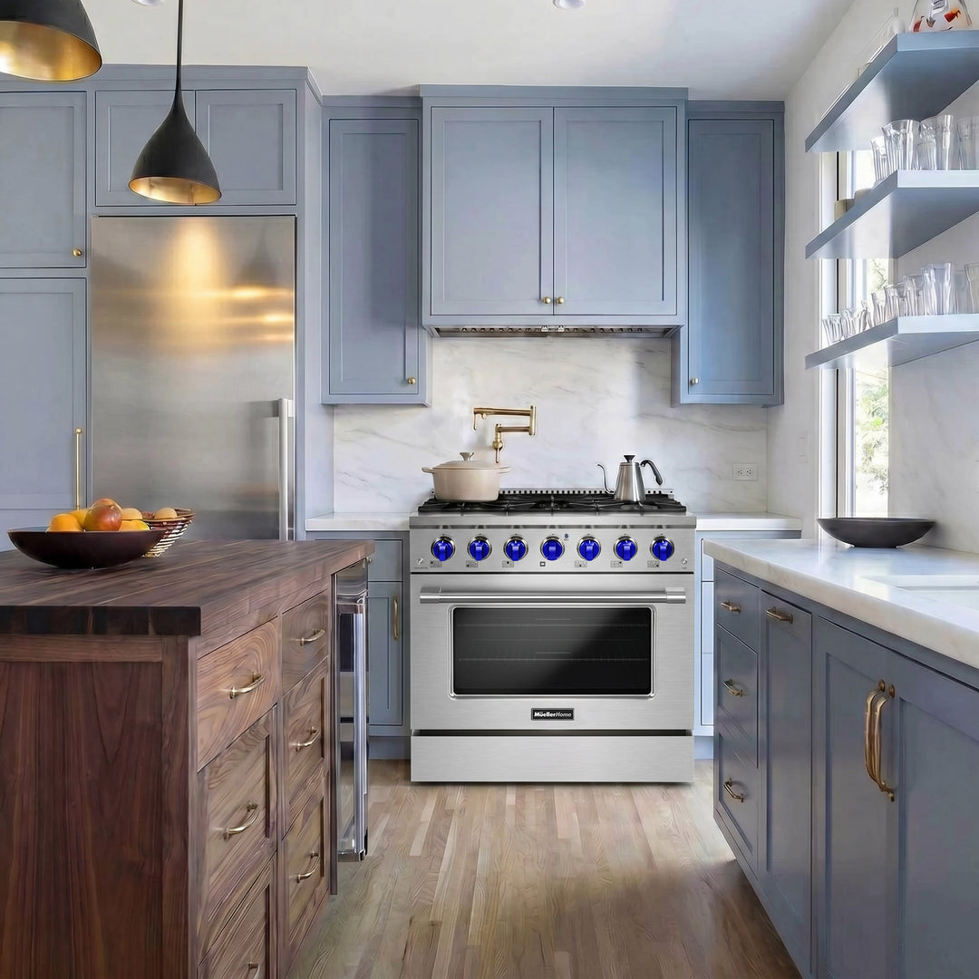 Blue Kitchen with Mueller Home Gas range 36 inch