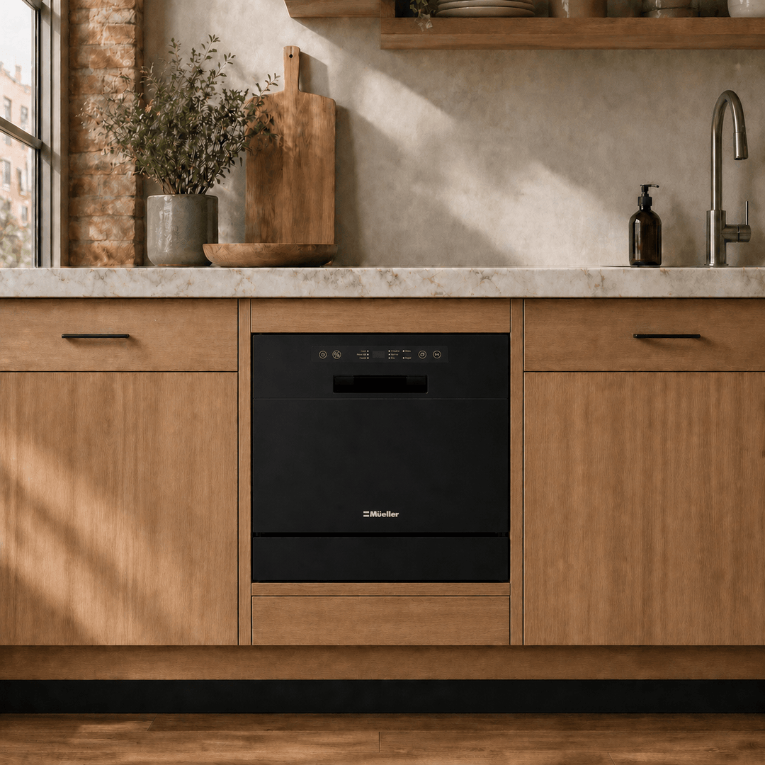 Small 22 inch black dishwasher built-in to the kitchen cabinetry, with mueller logo on the front. 