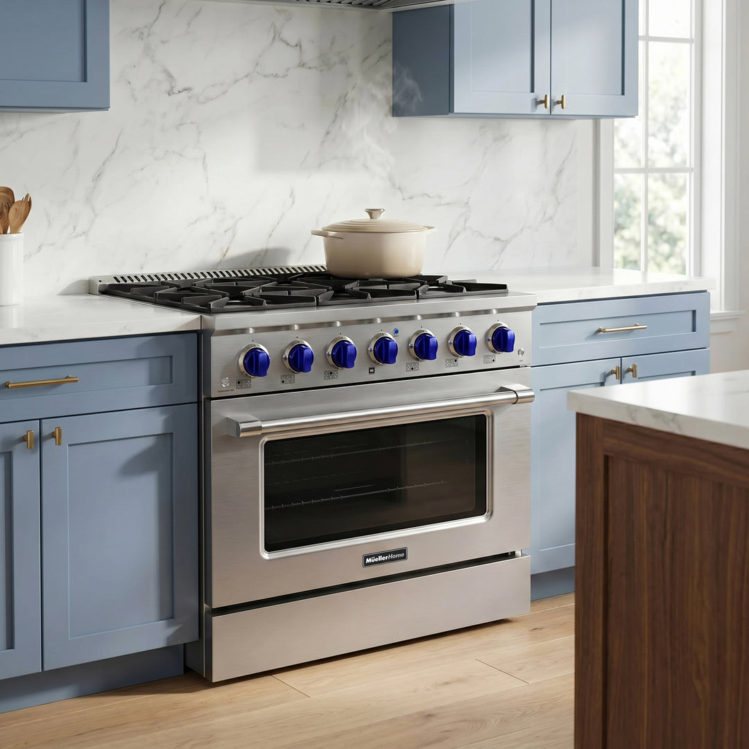 Blue Kitchen with Mueller Home Gas range 36 inch