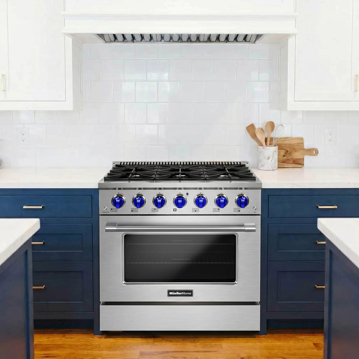 Blue Kitchen with Mueller Home Gas range 36 inch