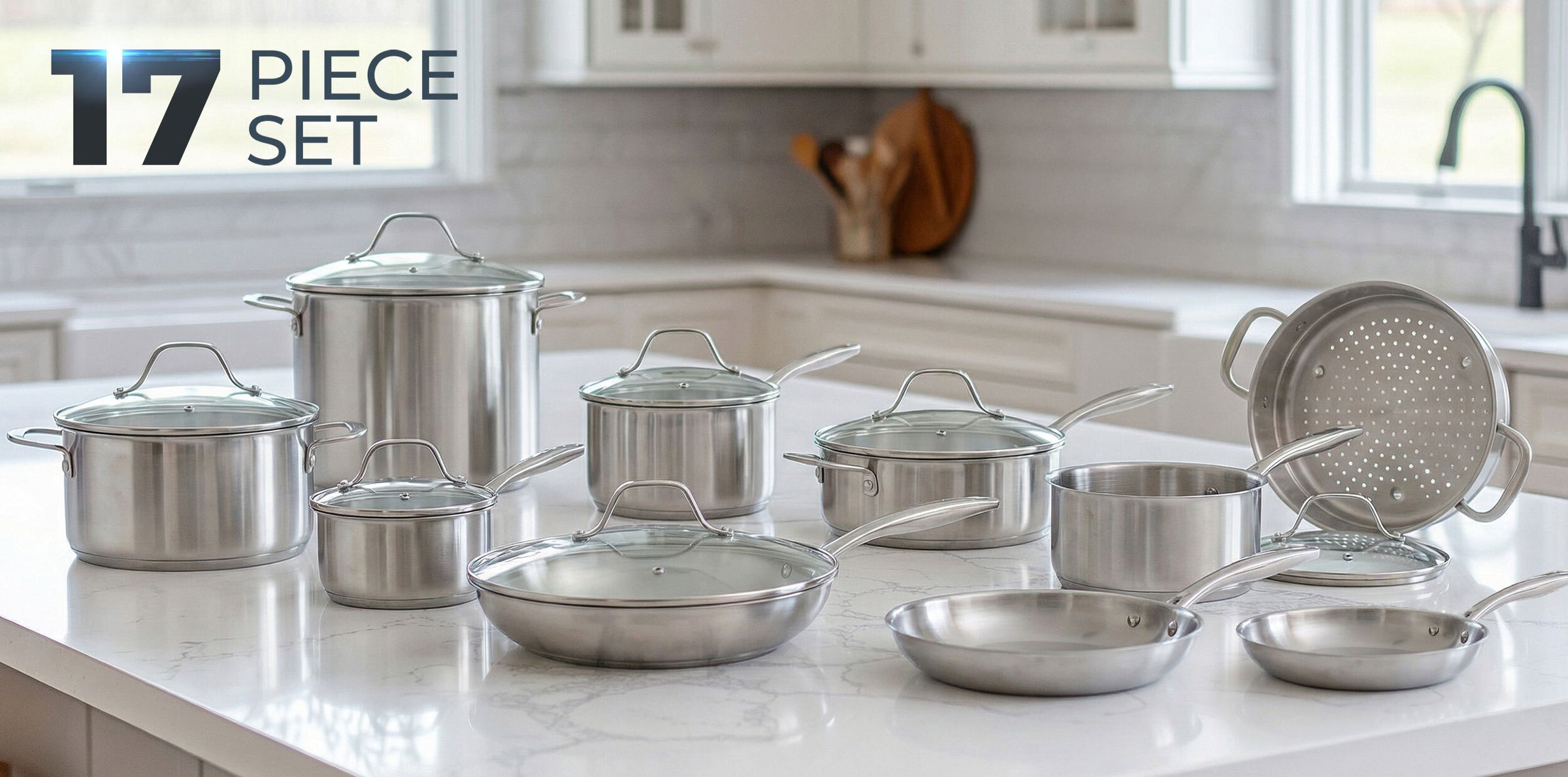 Set of stainless steel cookware on a kitchen counter with '17 Piece Set' text.