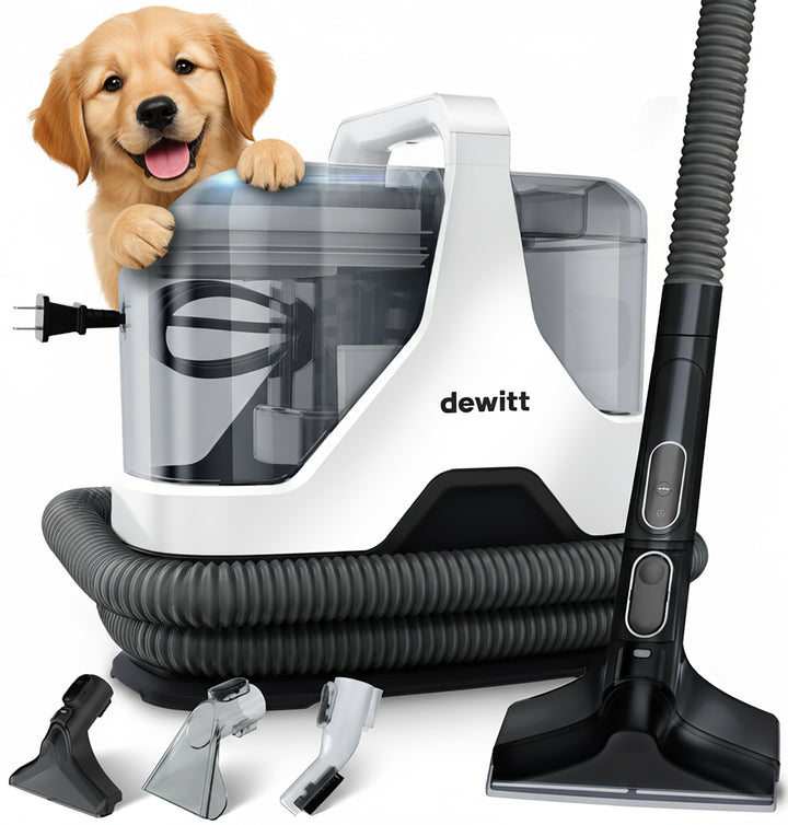 Dewitt small carpet cleaner with a puppy peeking out, on a white background