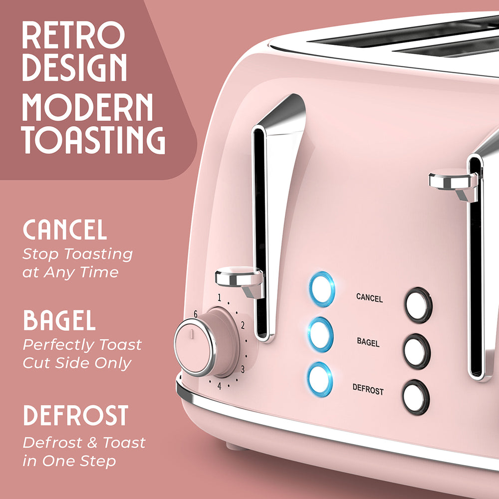 Pink toaster with control buttons on a pink background, text stating the functions cancel, bagel and defrost