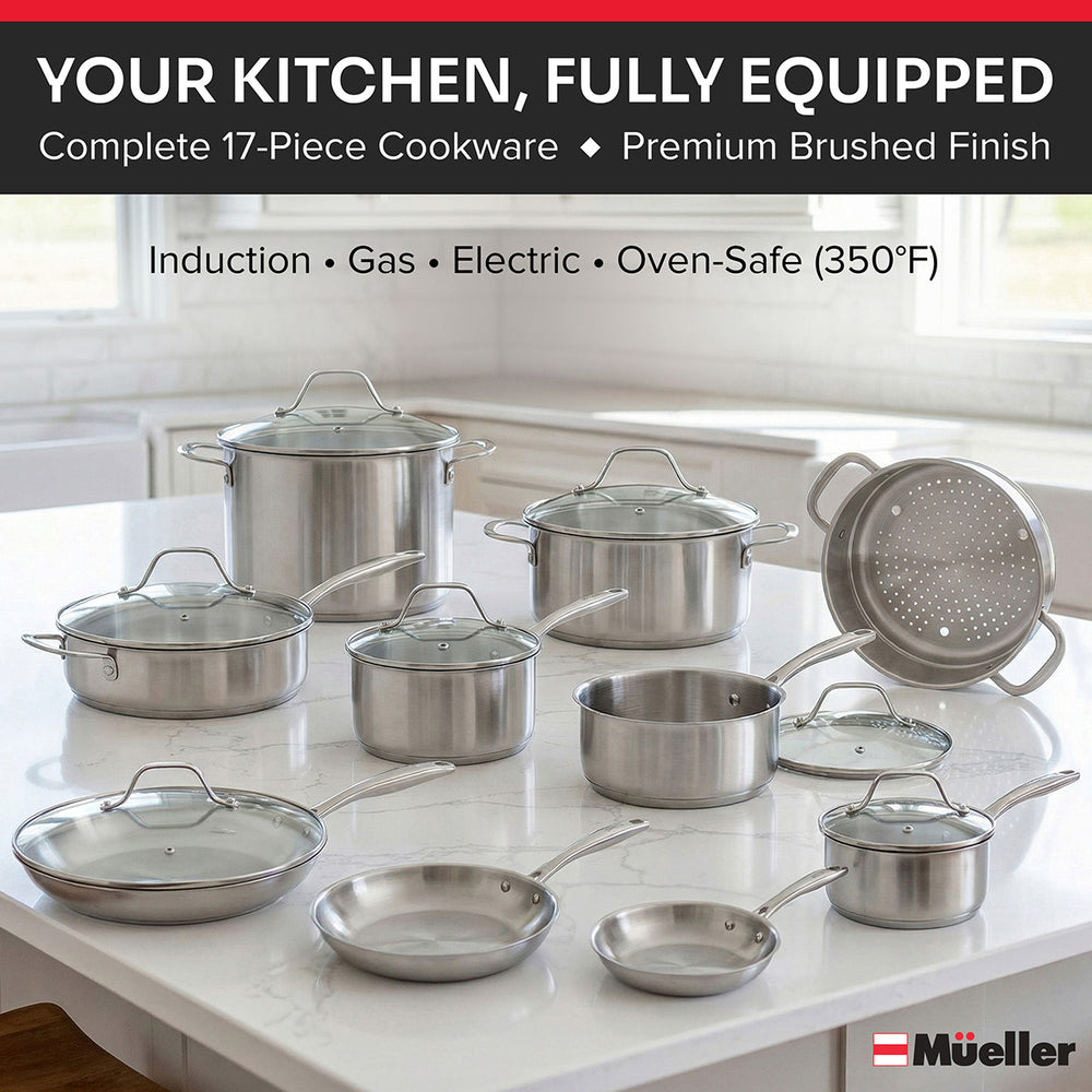 17 piece cookware set on a white marble kitchen countertop in a bright kitchen with text stating, Your kitchen, fully equipped, premium brushed finish, induction, gas, electric, oven-safe 350°F.