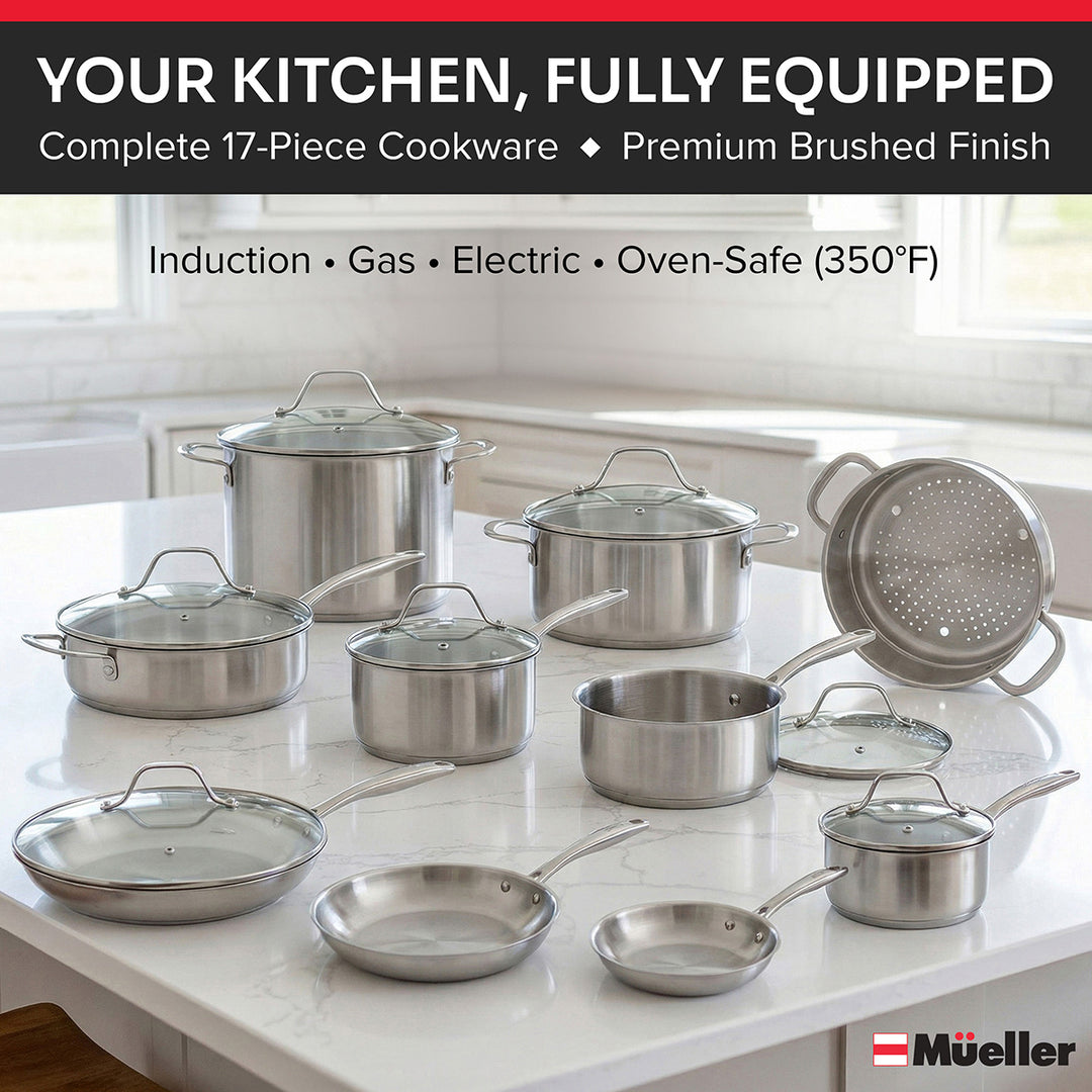 17 piece cookware set on a white marble kitchen countertop in a bright kitchen with text stating, Your kitchen, fully equipped, premium brushed finish, induction, gas, electric, oven-safe 350°F.