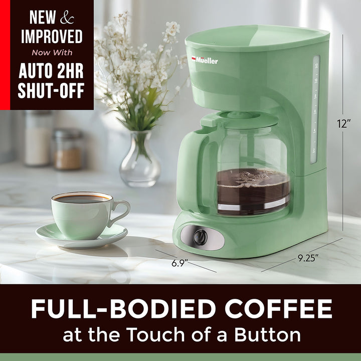 Green coffee maker with a cup of coffee on a kitchen counter, featuring text about auto shut-off and full-bodied coffee and the coffee maker dimensions. 