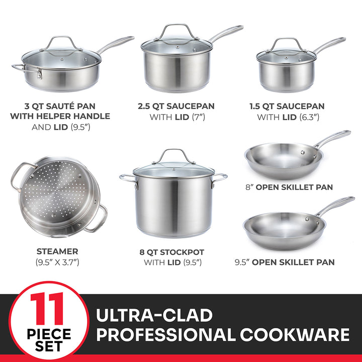 Set of 7 Ultra-Clad stainless steel cookware pots and pans with lids and a steamer on a white background, with text description of their size and name. 