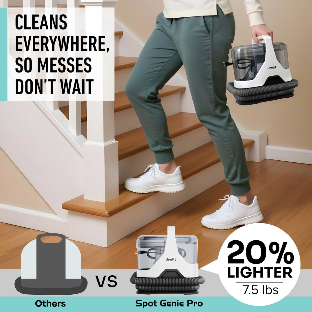 Person using a Spot Genie Pro carpet cleaner on stairs with text highlighting its features that it is 20% lighter than other portable carpet cleaners