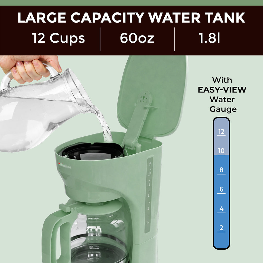 Sage Green coffee maker with large capacity water tank being filled with a permanent filter, showing measurement details, by the brand Mueller.