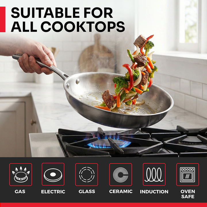 Person holding a frying pan with food over a stove, suitable for all cooktops including gas, electric, glass, ceramic, induction, and oven safe to 350°F.