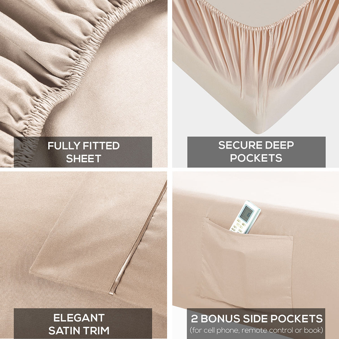 Bedding set with fully fitted sheet, deep pockets, satin trim, and side pockets on a neutral background.