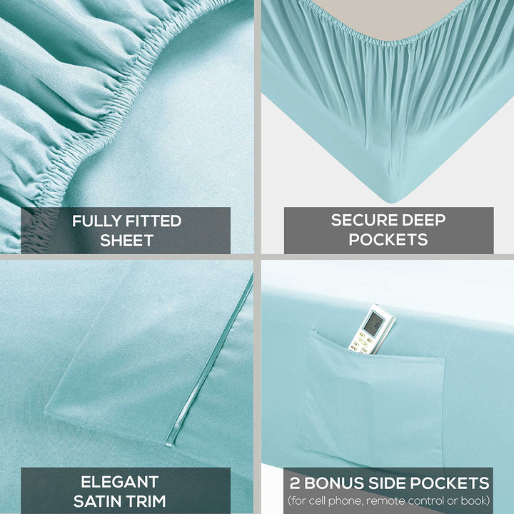Teal fitted sheet with features highlighted on a white background