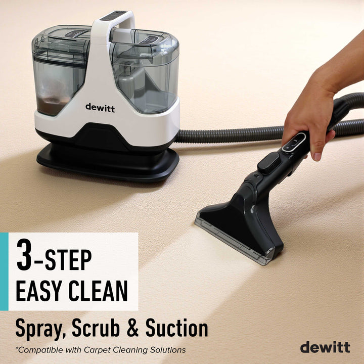 Dewitt handheld cleaning device with a hand holding the attachment on beige carpet that is being cleaned by the dewitt spot genie pro portable carpet claener, labeled '3-Step Easy Clean'.