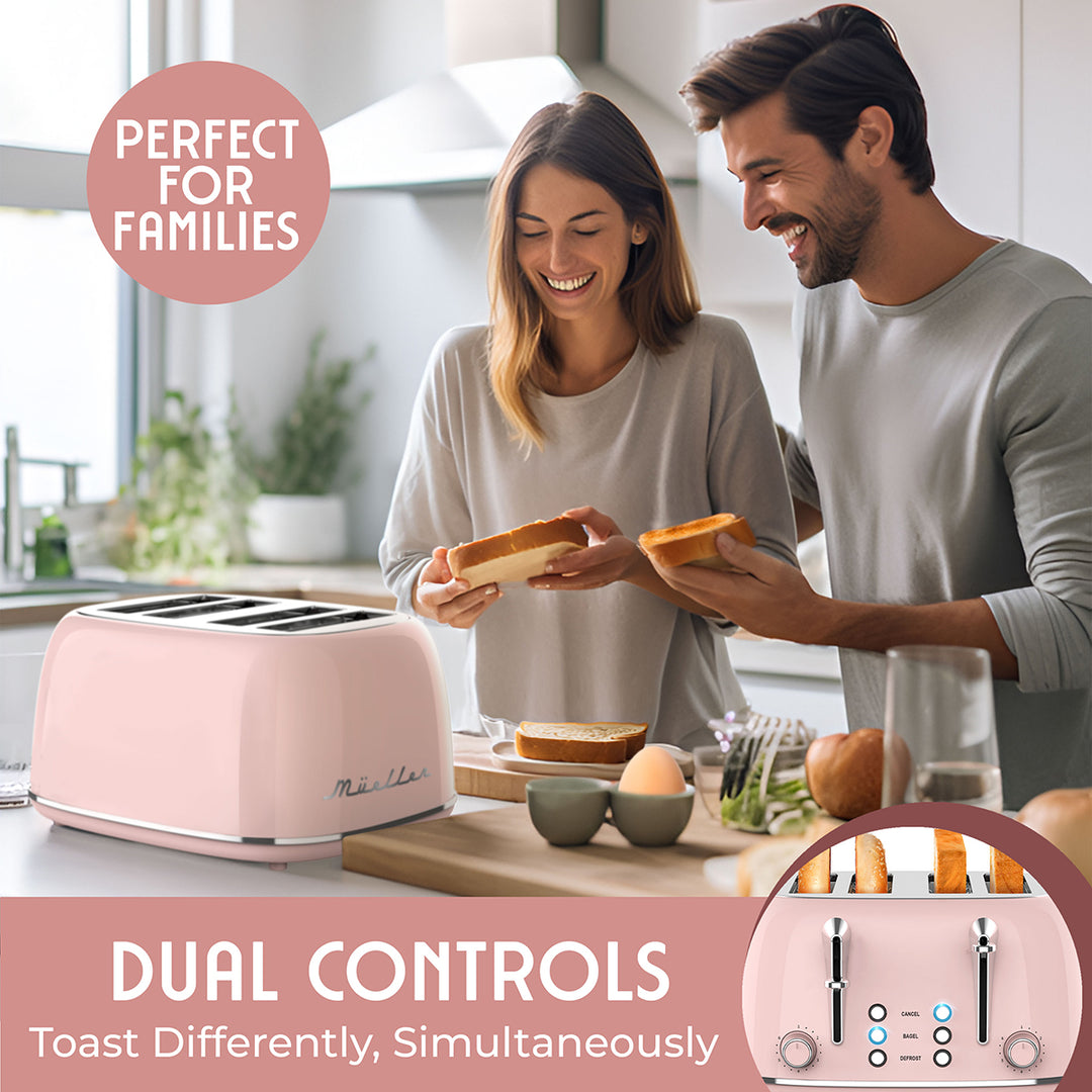 Man and woman in a kitchen with a pink toaster, perfect for families with dual controls feature.